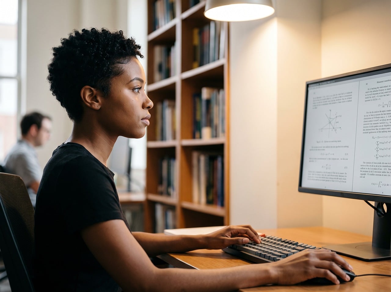 student researching in the library